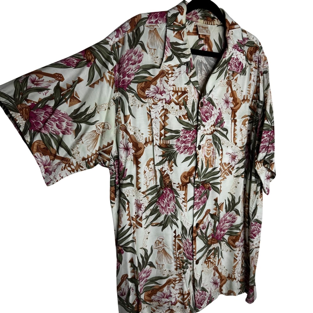 Go Barefoot‎ Vintage Hawaiian Shirt Mens 2XL Floral Ukulele Vacation Made in USA - Picture 2 of 8